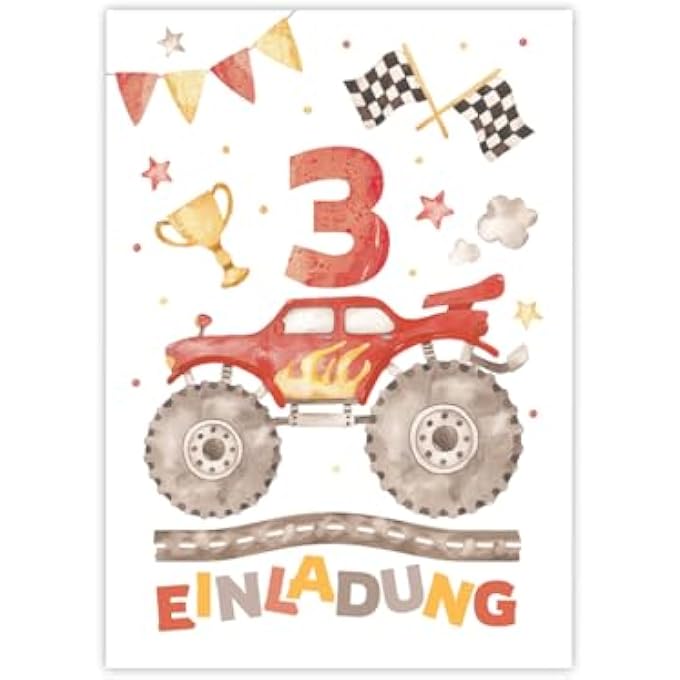 12 INVITATION CARDS FOR 3RD CHILDREN'S BIRTHDAY BOYS MONSTER TRUCK CAR INVITATION FOR THIRD BIRTHDAY INCLUDES 12 ENVELOPES, 12 PARTY BAGS / PETROL BLUE, 12 STICKERS AND 12 BOOKMARKS - Image 4
